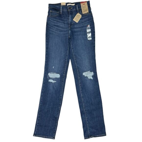 Levi’s Women’s 724 High Rise Distressed Straight Leg Dark Wash Denim Jeans 26 - Picture 2 of 8